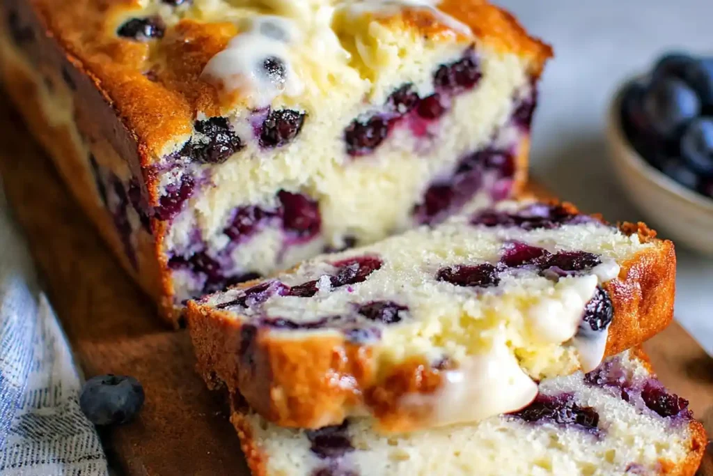 A close-up of a sliced blueberry loaf cake with a sweet white glaze, showcasing its moist crumb bursting with berries.