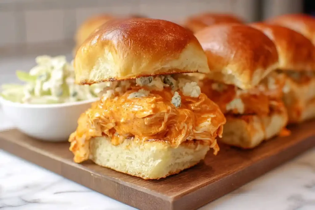 A close-up of delicious buffalo chicken sliders on a wooden board, topped with blue cheese and served with a side of celery slaw.