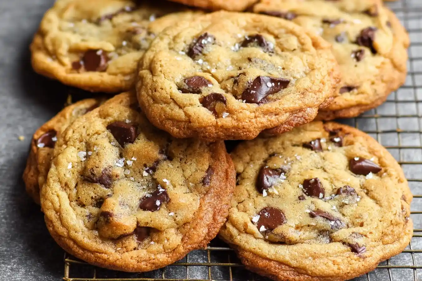 A close-up of freshly baked chocolate chip cookies, sprinkled with sea salt and stacked on a wire cooling rack.