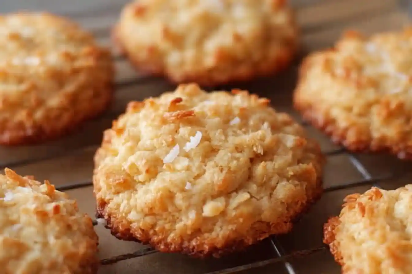 A close-up shot of golden-brown coconut macaroons with flaky salt cooling on a wire rack.