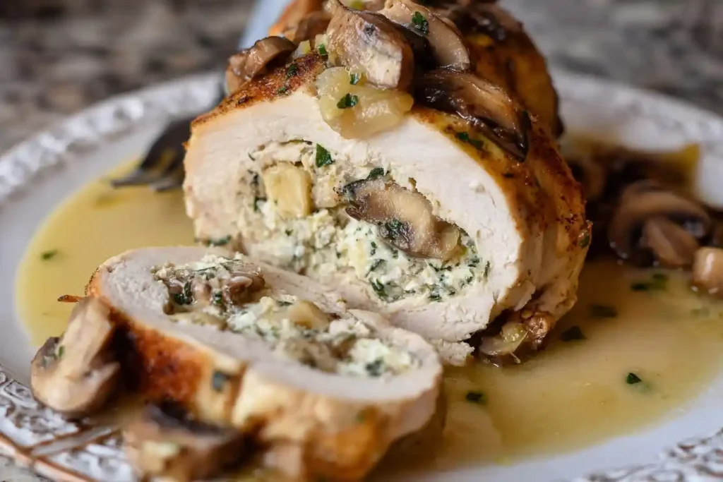 A close-up of a sliced stuffed chicken breast with a creamy mushroom and spinach filling, topped with a savory mushroom sauce.