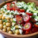 A vibrant Chickpea Avocado Salad with cherry tomatoes, feta, and fresh herbs served in a rustic wooden bowl.