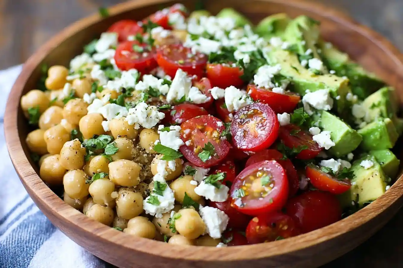 A vibrant Chickpea Avocado Salad with cherry tomatoes, feta, and fresh herbs served in a rustic wooden bowl.