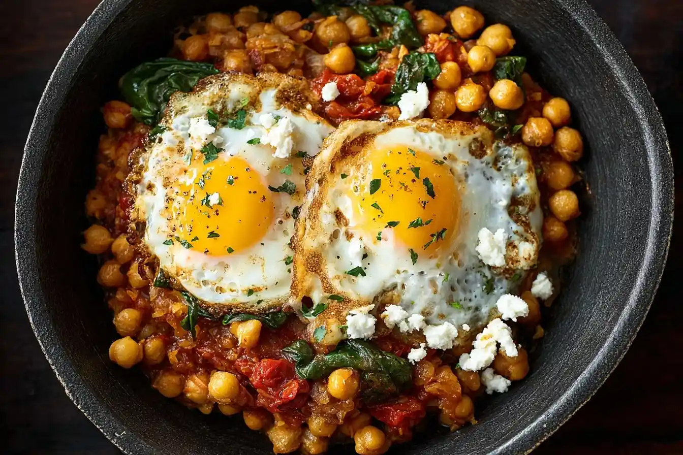 A close-up of a Spicy Chickpea Skillet topped with two sunny-side-up eggs, feta cheese, and fresh herbs.