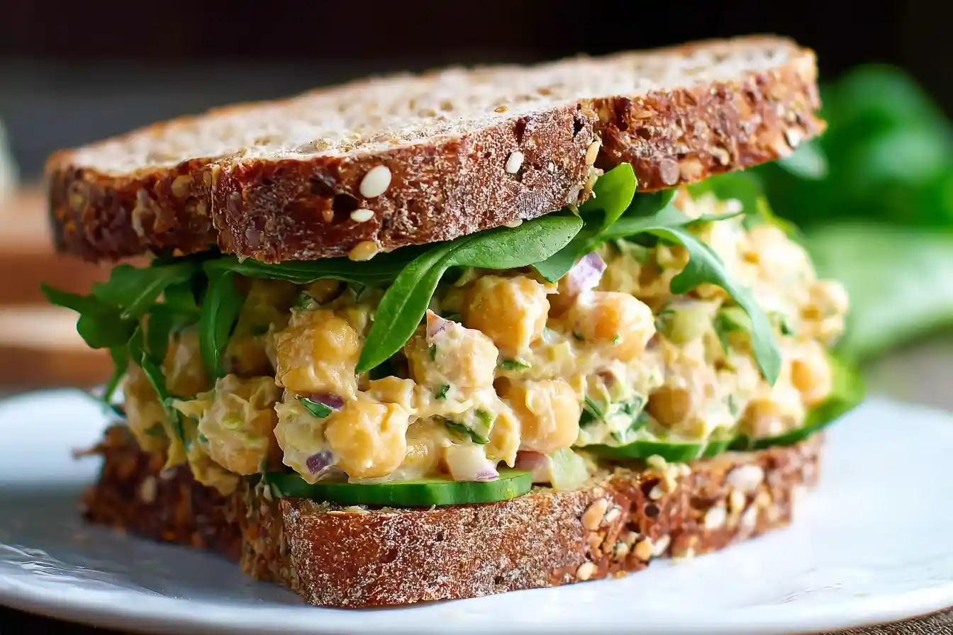 A close-up of a delicious chickpea salad sandwich on hearty whole-grain bread with fresh arugula and cucumber slices.