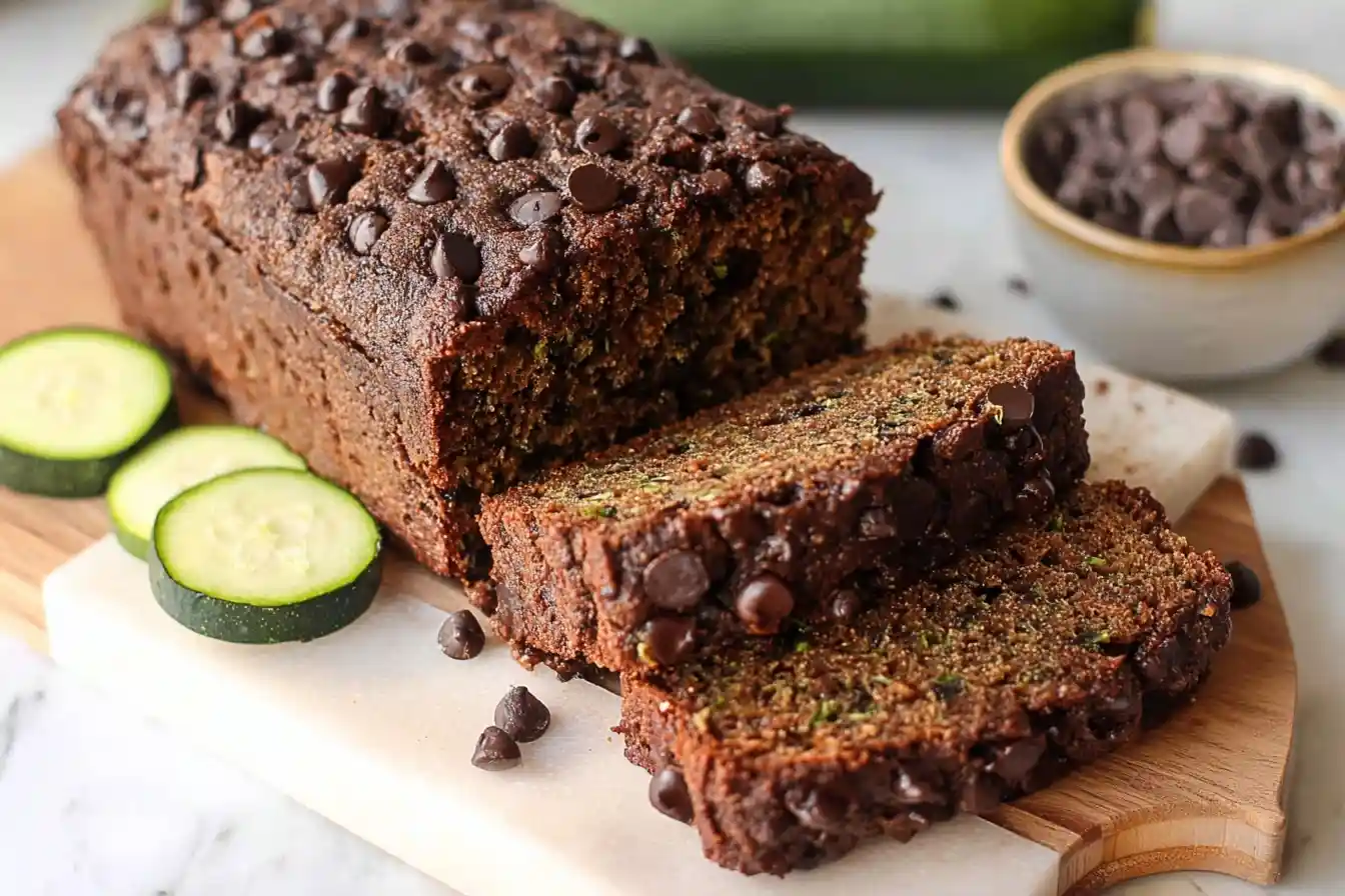 A sliced loaf of moist chocolate zucchini bread studded with chocolate chips, sitting on a marble and wood cutting board.