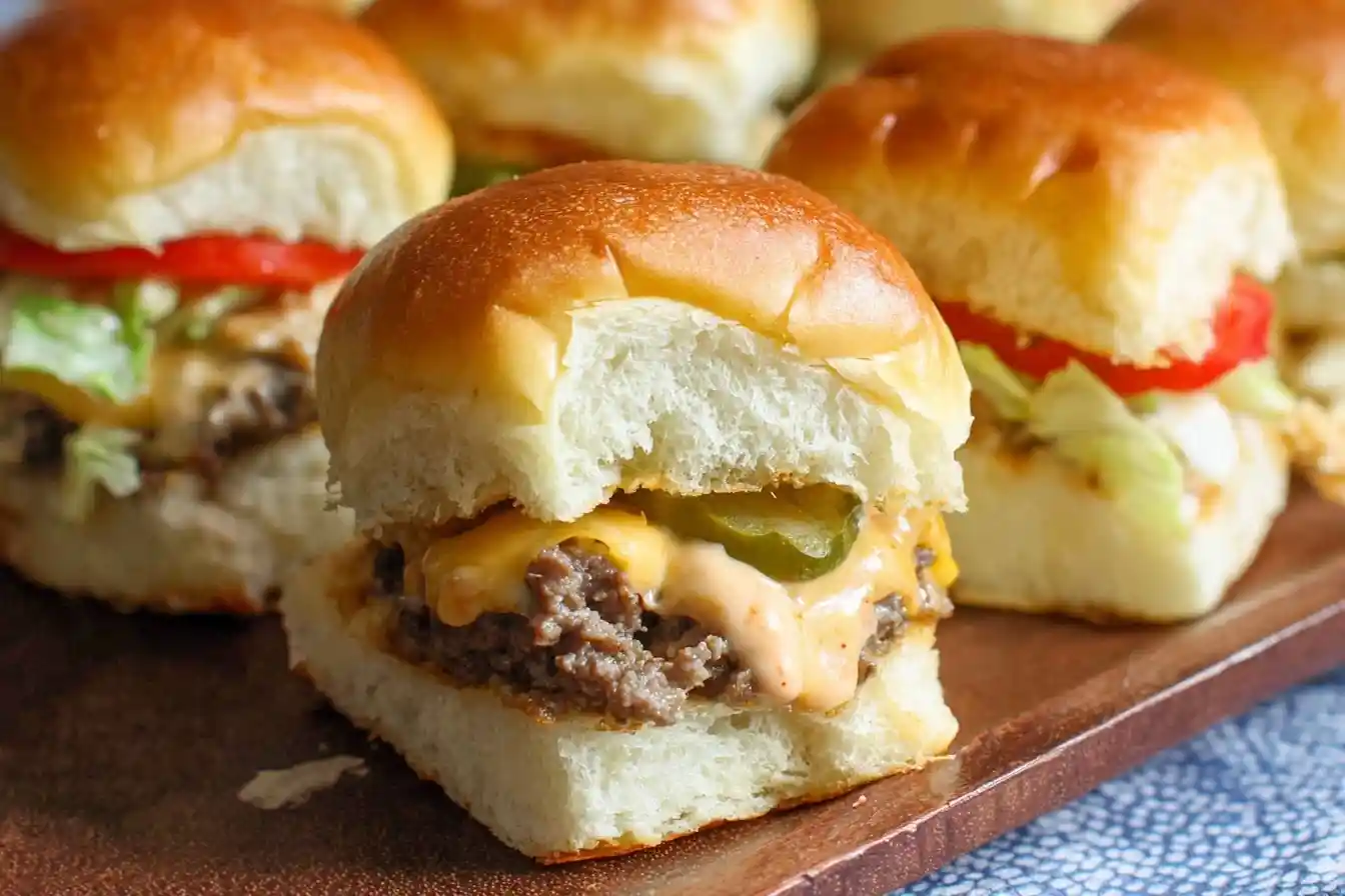 A close-up of homemade cheeseburger sliders on a tray, with one open showing the beef patty, melted cheese, and sauce.