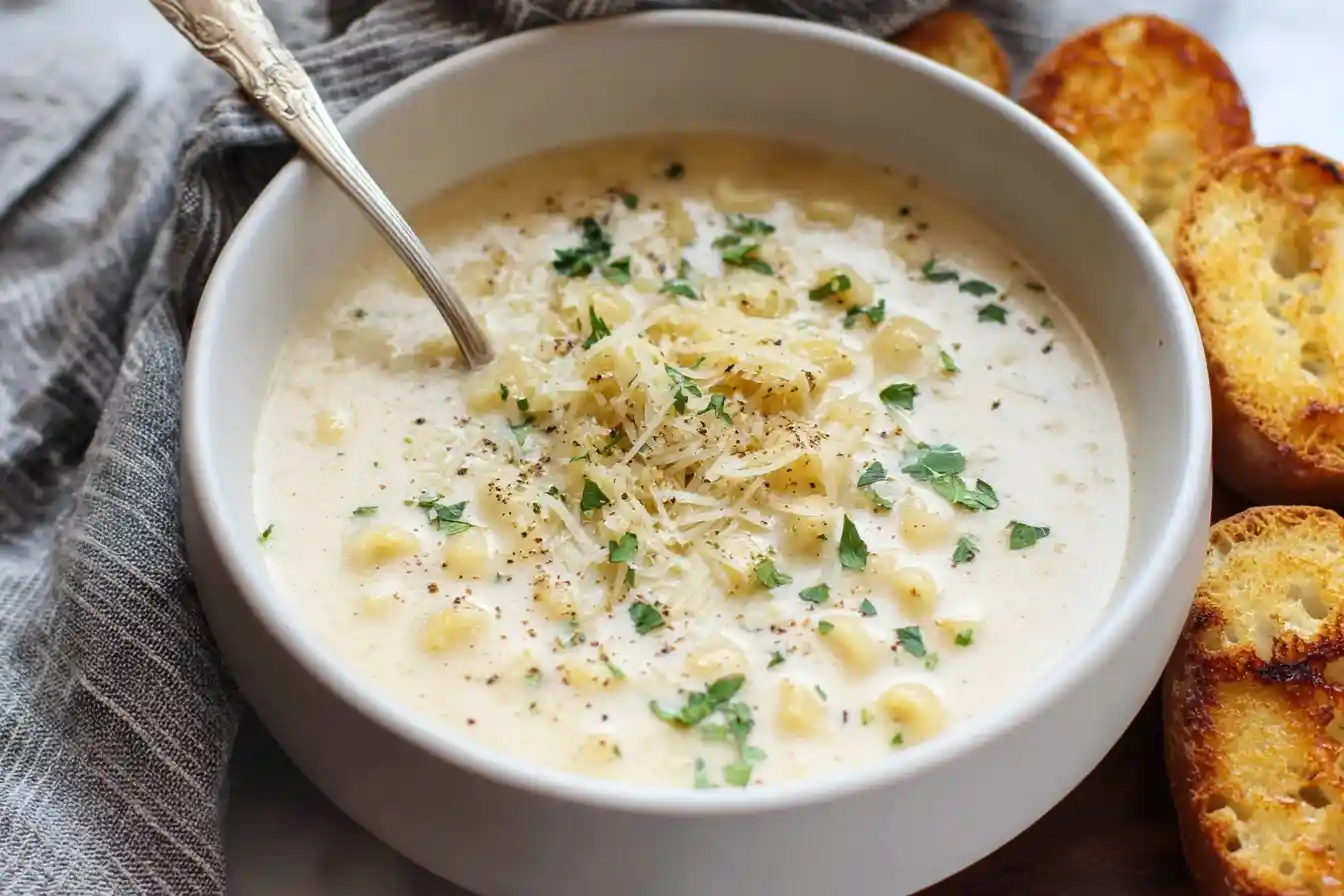 A white bowl of creamy Pasta e Fagioli Soup topped with parmesan cheese and parsley, with a spoon and toasted bread on the side.