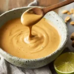 A wooden spoon dripping creamy sauce into a rustic bowl, illustrating a delicious peanut sauce recipe with fresh lime and ginger nearby.