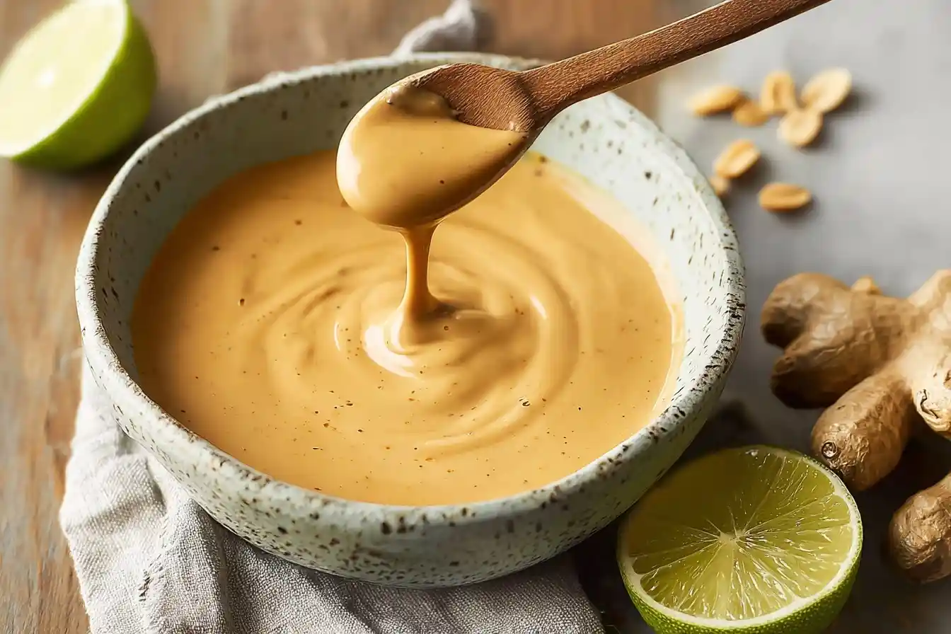A wooden spoon dripping creamy sauce into a rustic bowl, illustrating a delicious peanut sauce recipe with fresh lime and ginger nearby.