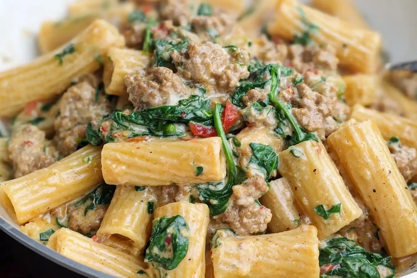 A close-up shot of creamy Sausage and Spinach Pasta with rigatoni noodles in a pan.
