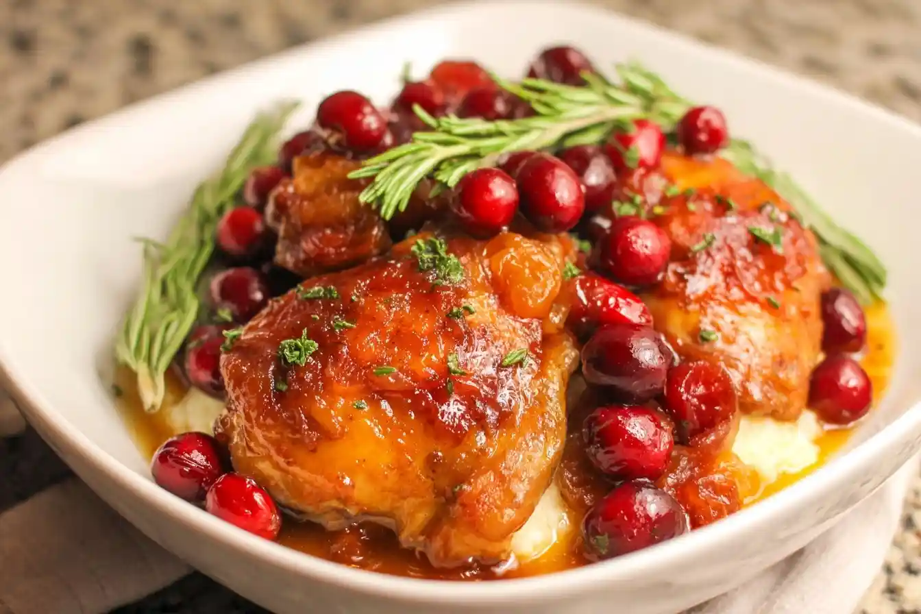 A close-up of glazed Cranberry Chicken thighs topped with fresh cranberries and rosemary, served in a white bowl.