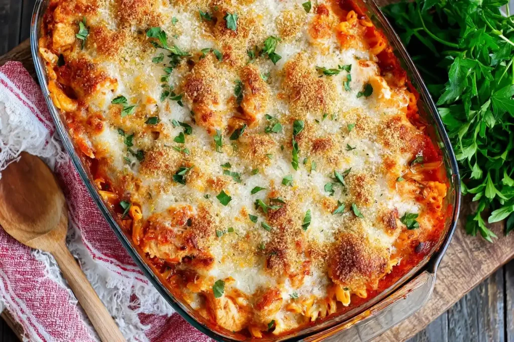 A golden-brown Chicken Parmesan Casserole in a glass baking dish, topped with melted cheese, breadcrumbs, and fresh parsley.