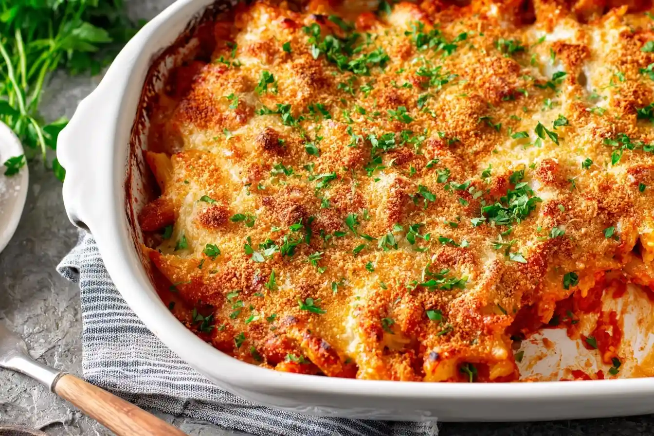 A golden-brown Chicken Parmesan Pasta Bake in a white dish, topped with crispy breadcrumbs and fresh parsley.
