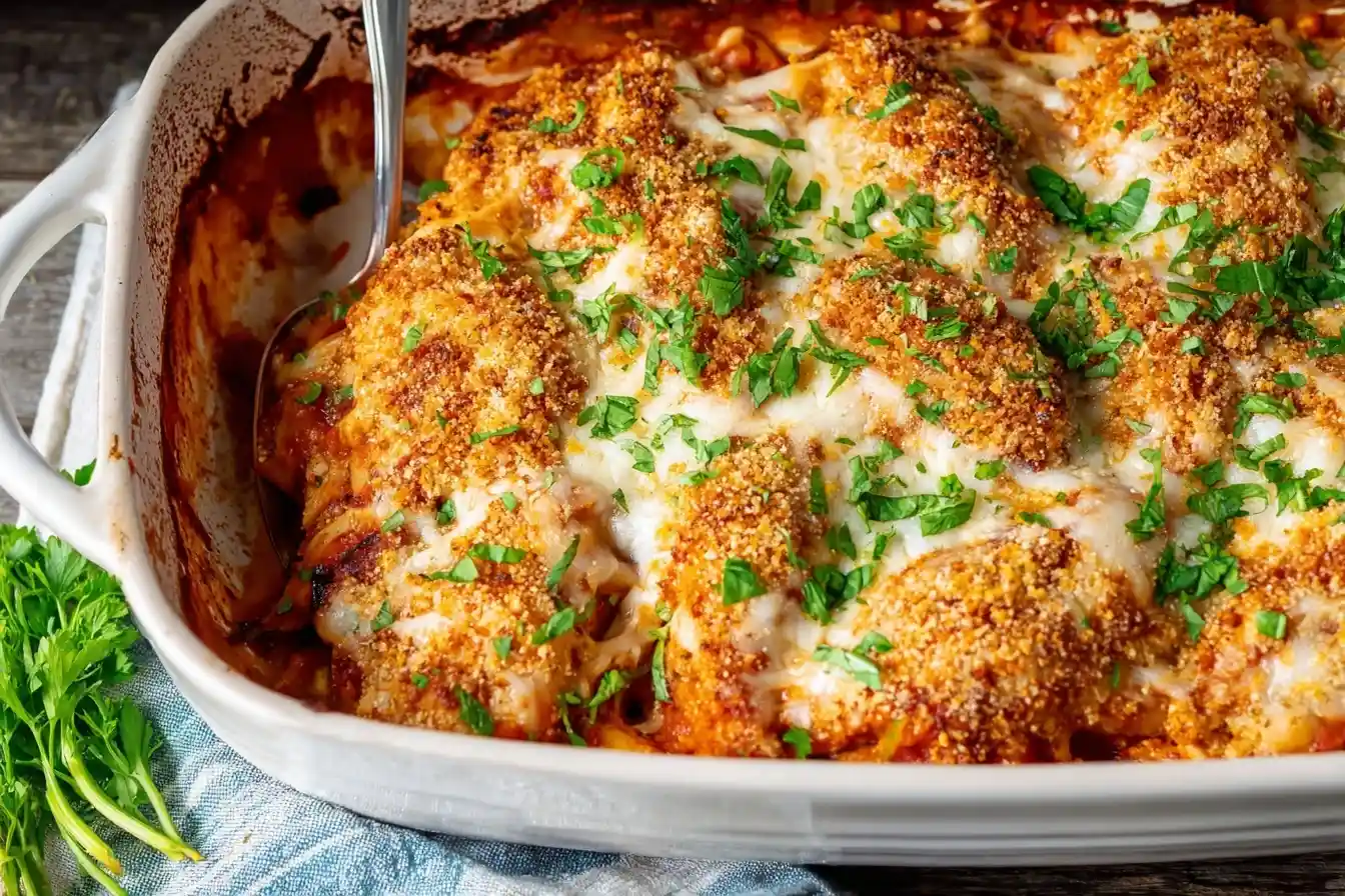 A freshly baked Chicken Parmesan Casserole in a white dish, topped with melted cheese, crispy breadcrumbs, and fresh parsley.