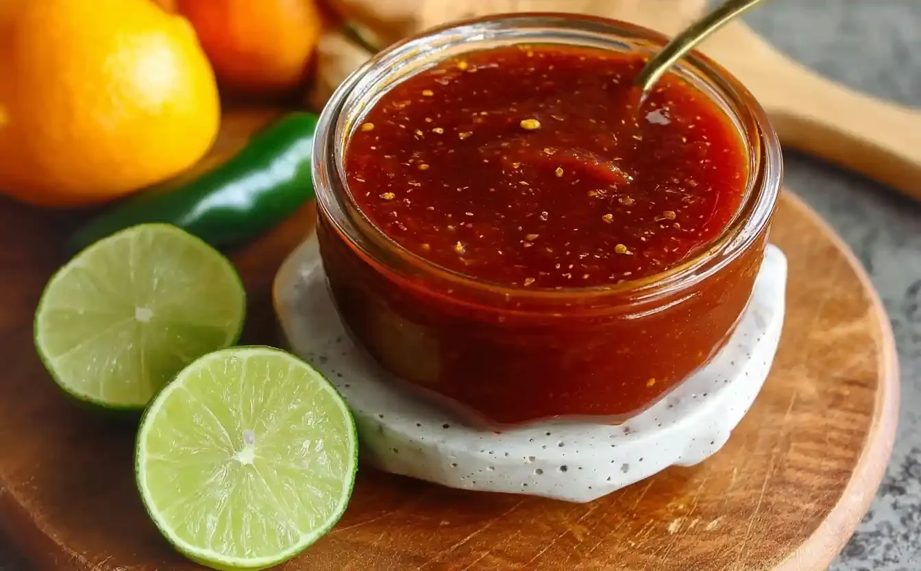 A small glass bowl of homemade Chamoy Sauce with a spoon, surrounded by fresh limes, oranges, and a jalapeño on a wooden board.