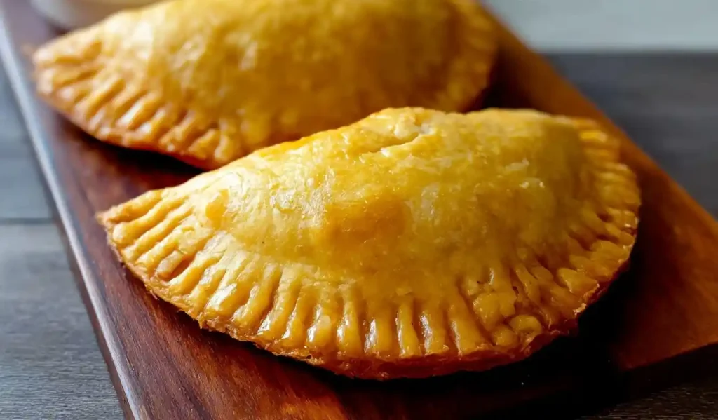 Two golden, flaky Easy Empanadas served on a rustic wooden board with a dipping sauce in the background.