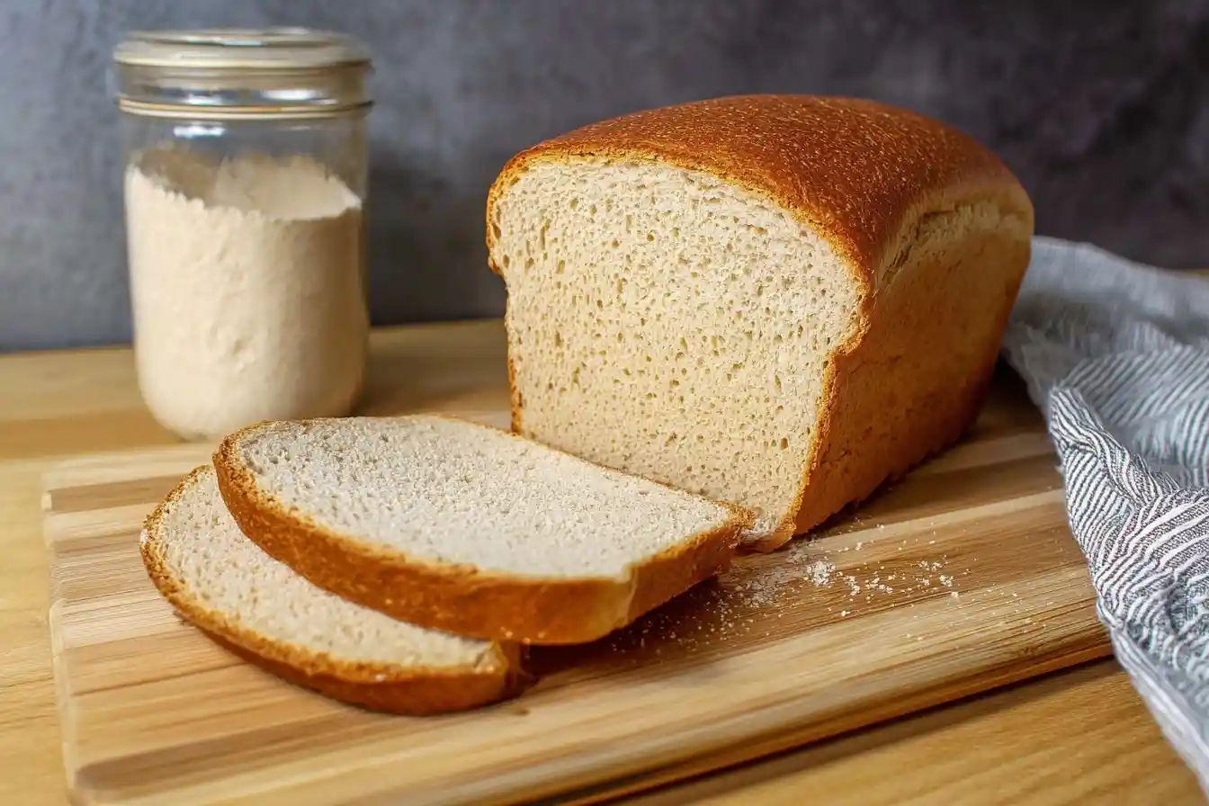 A freshly baked loaf of sourdough sandwich bread, partially sliced, on a wooden cutting board with a starter in the background.