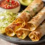 A plate of crispy Baked Chicken Taquitos served with fresh salsa, shredded lettuce, and a slice of avocado in the background.