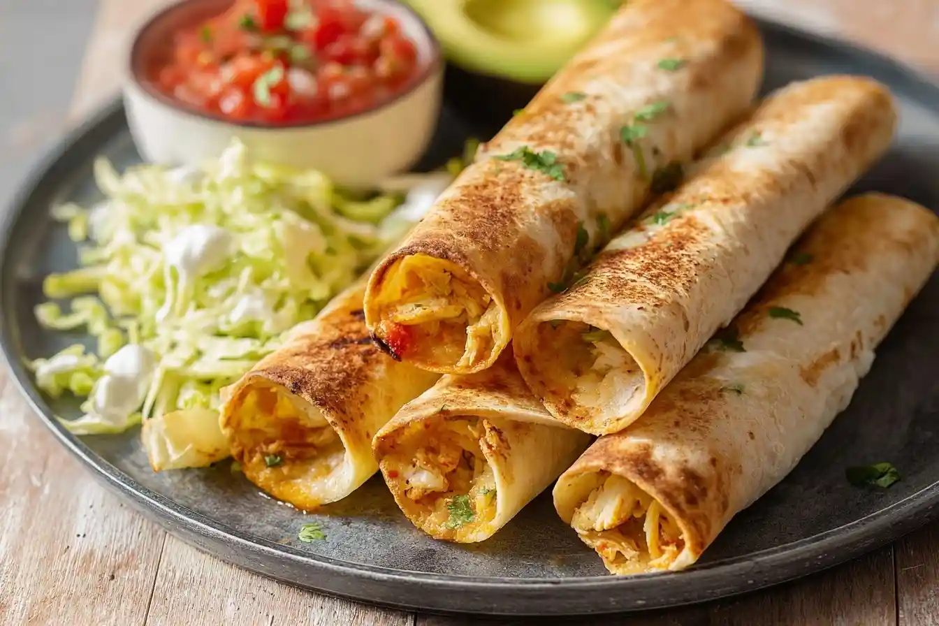 A plate of crispy Baked Chicken Taquitos served with fresh salsa, shredded lettuce, and a slice of avocado in the background.