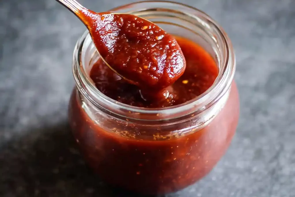 A spoon lifting a scoop of thick, red {{ $('Fetch Recipe Data').first().json["Main Keyword"] }} from a clear glass jar against a dark background.
