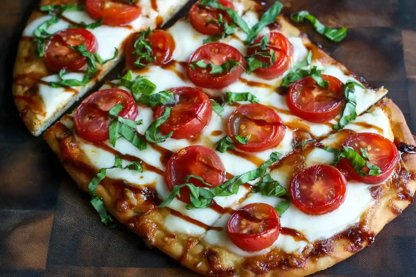 A delicious Caprese flatbread pizza sliced on a cutting board, topped with mozzarella, tomatoes, fresh basil, and a balsamic drizzle.