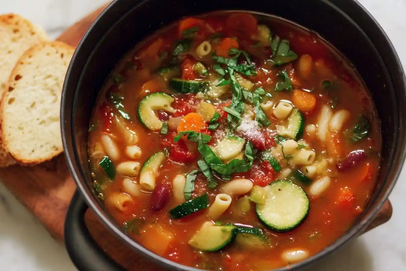 A close-up shot of a black bowl filled with hearty minestrone soup, garnished with fresh basil and served with crusty bread.
