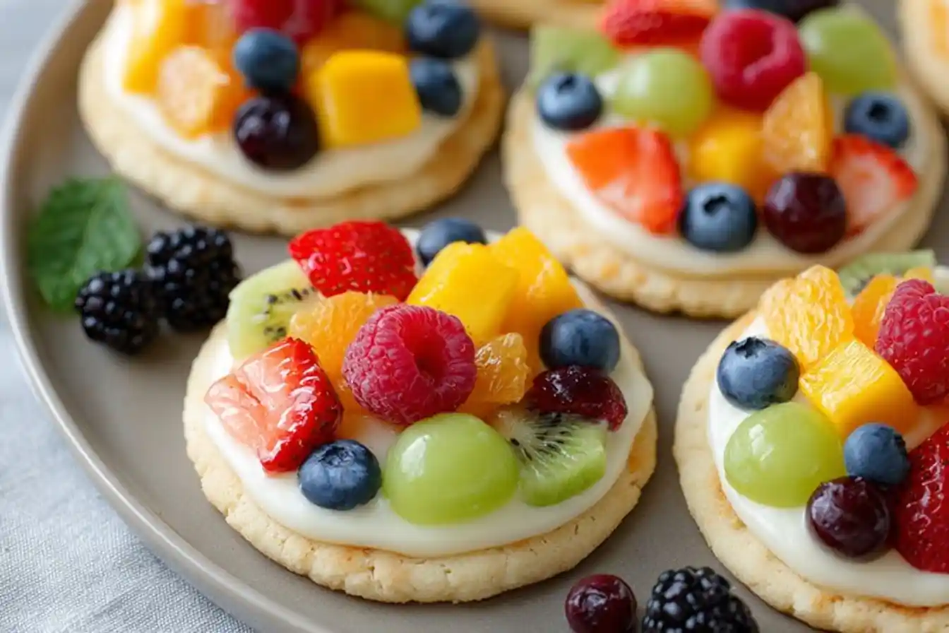 A close-up of several mini fruit pizza cookies on a grey plate, topped with fresh berries, kiwi, and mango.