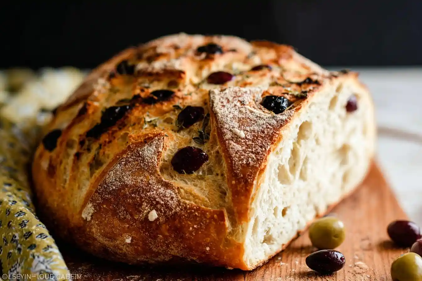 A rustic, crusty loaf of no-knead olive bread, sliced on a wooden board to reveal its soft, airy interior.