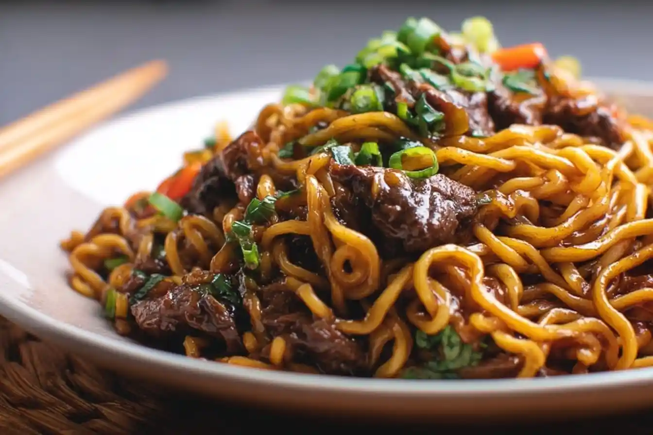 A close-up of a white plate piled high with saucy beef chow mein, garnished with freshly chopped green onions.