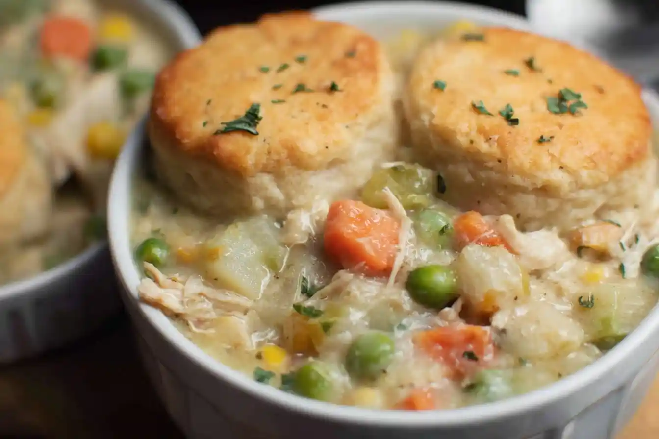 A close-up of a white bowl filled with creamy Chicken Pot Pie with Biscuits, garnished with fresh parsley.
