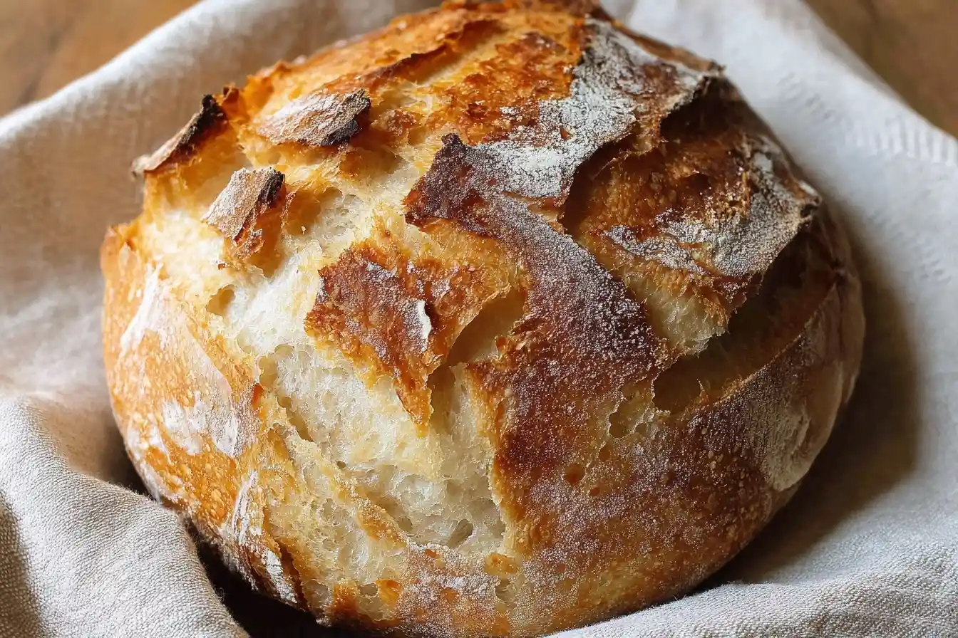 A close-up of a golden, crusty loaf of homemade {{ $('Fetch Recipe Data').first().json["Main Keyword"] }} resting on a simple linen cloth.