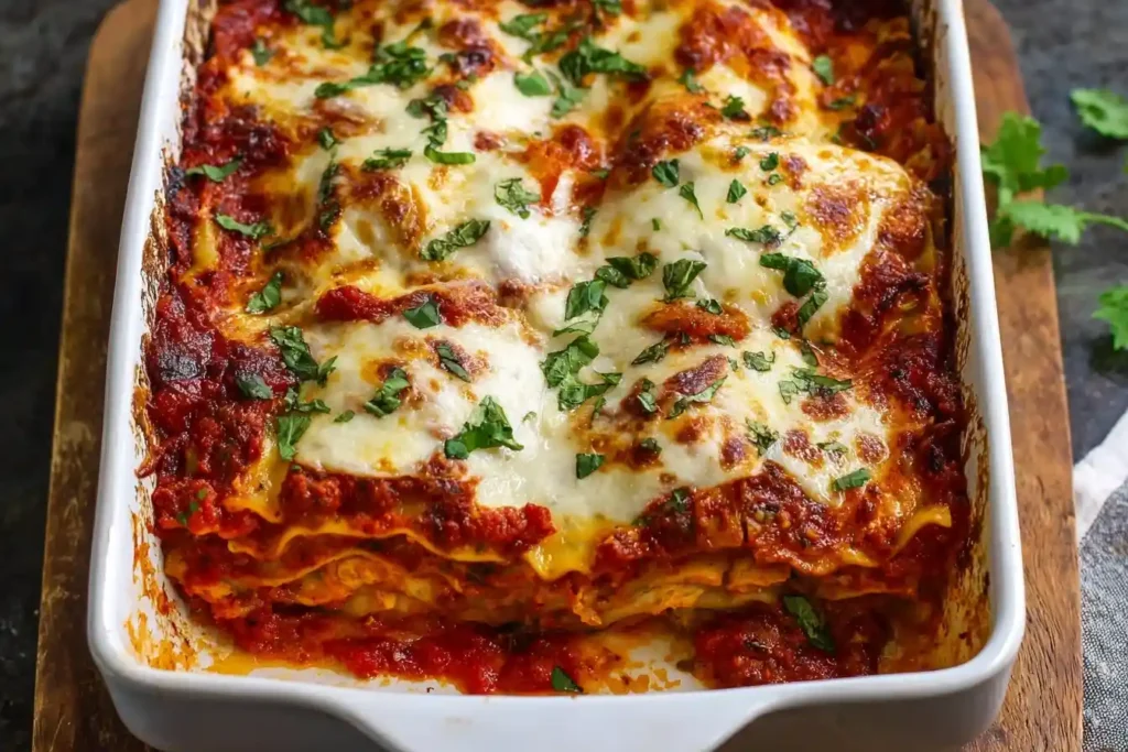 A freshly baked lasagna made with a classic lasagna recipe, served in a white dish with a cheesy, bubbly topping.