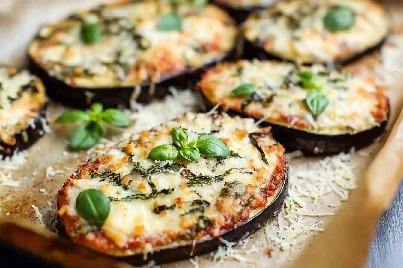 A close-up of baked eggplant pizza slices on parchment paper, topped with cheese, sauce, and fresh basil.