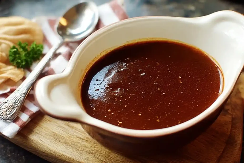 A close-up shot of a ceramic gravy boat filled with rich, homemade brown gravy, ready to be served.