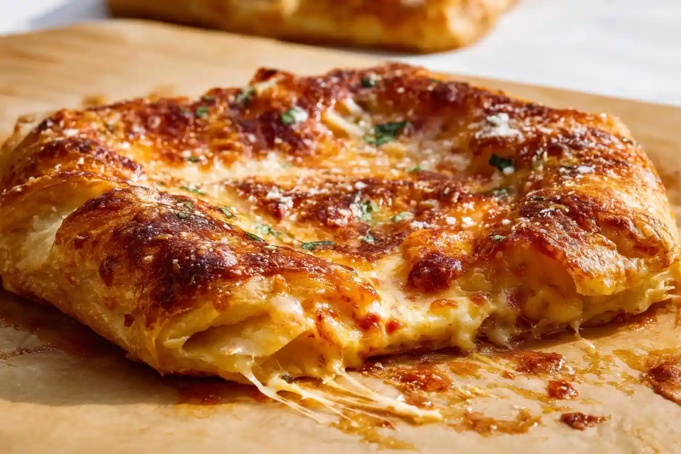 A golden-brown baked cheesy bread on parchment paper, with a piece pulled away revealing a gooey, melted cheese pull inside.