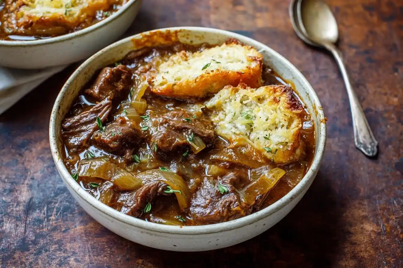 A rustic white bowl filled with hearty French Onion Beef Stew, topped with a golden, cheesy crouton and sprinkled with fresh herbs.