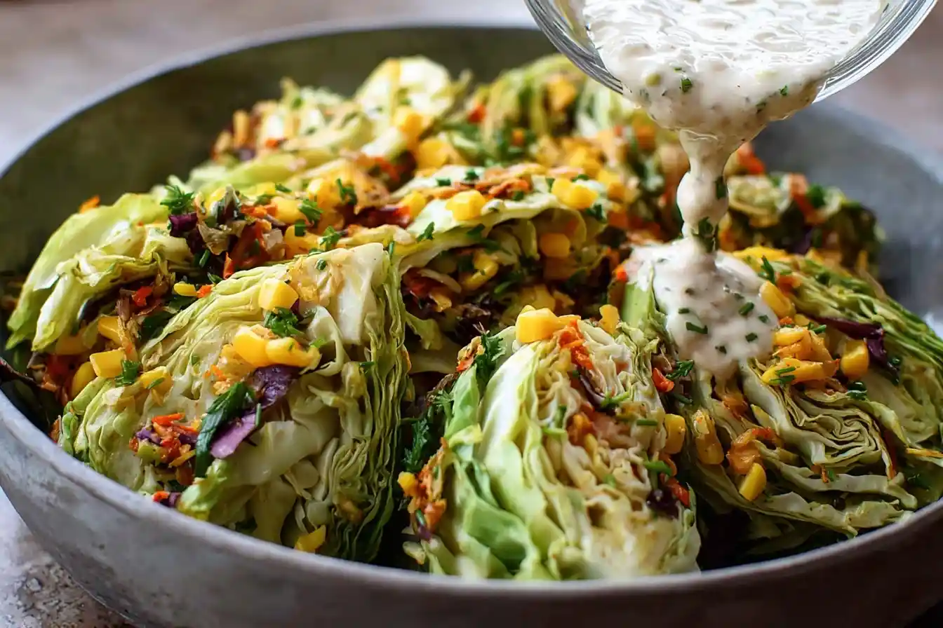 A creamy dressing being poured over a vibrant cabbage wedge salad topped with corn and herbs in a rustic bowl.
