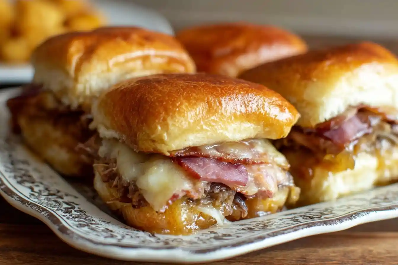 A close-up of several roast beef sliders with melted cheese and bacon on sweet rolls, served on a decorative plate.