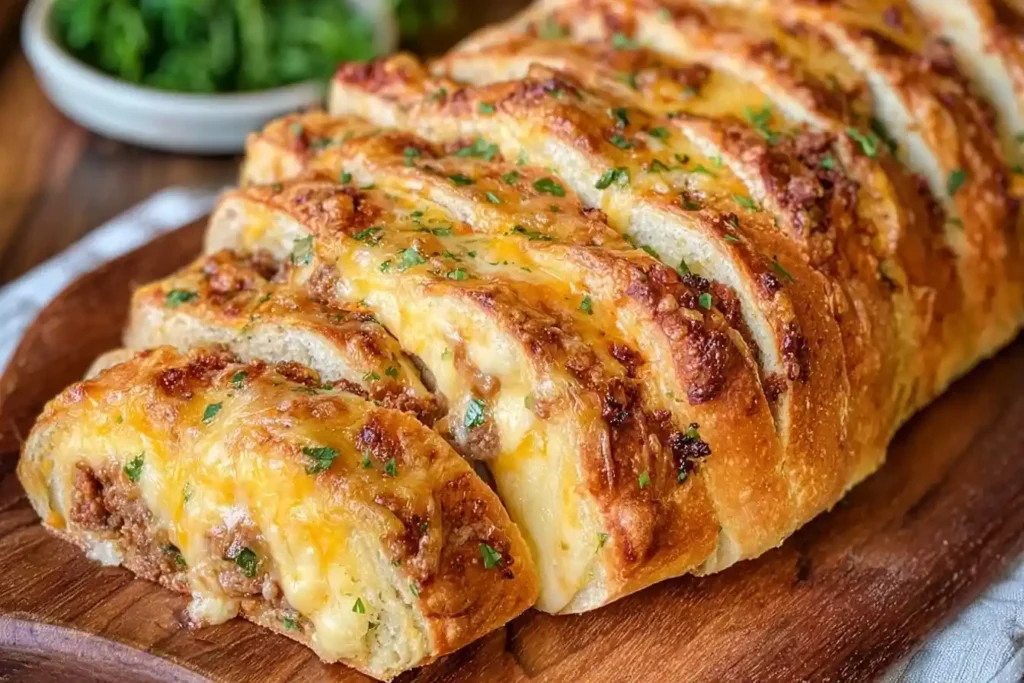 A loaf of cheesy Sloppy Joe Garlic Bread sliced and stuffed with meat and cheese, garnished with parsley on a wooden board.