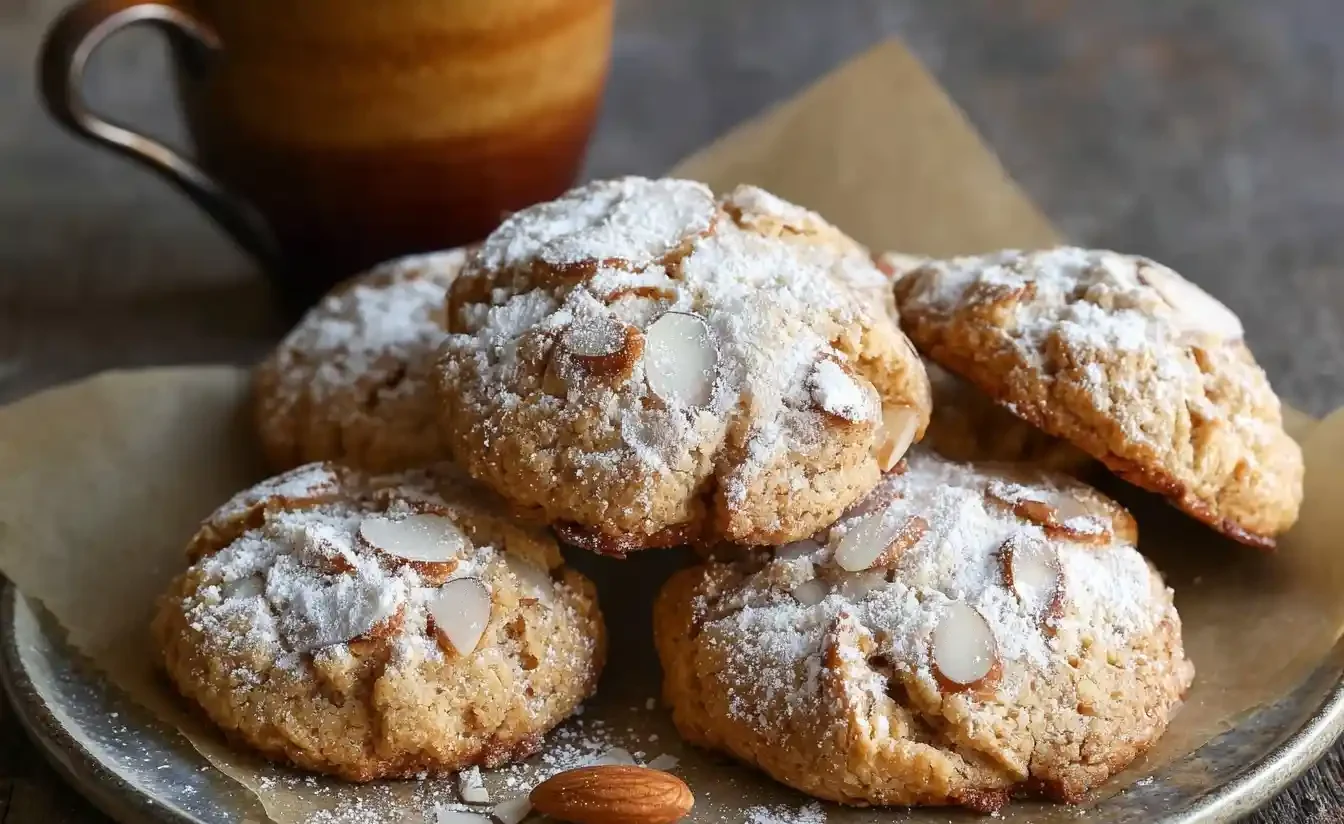 A plate of soft almond cookies topped with sliced almonds and powdered sugar, with a coffee mug in the background.