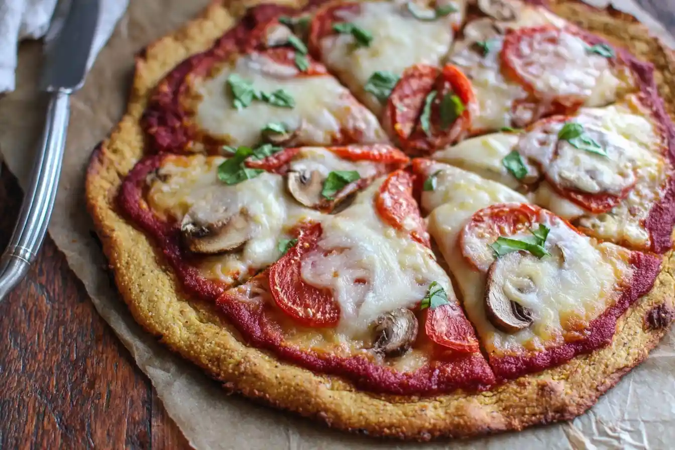 A delicious cauliflower pizza crust topped with mozzarella cheese, tomatoes, mushrooms, and fresh basil, cut into slices.