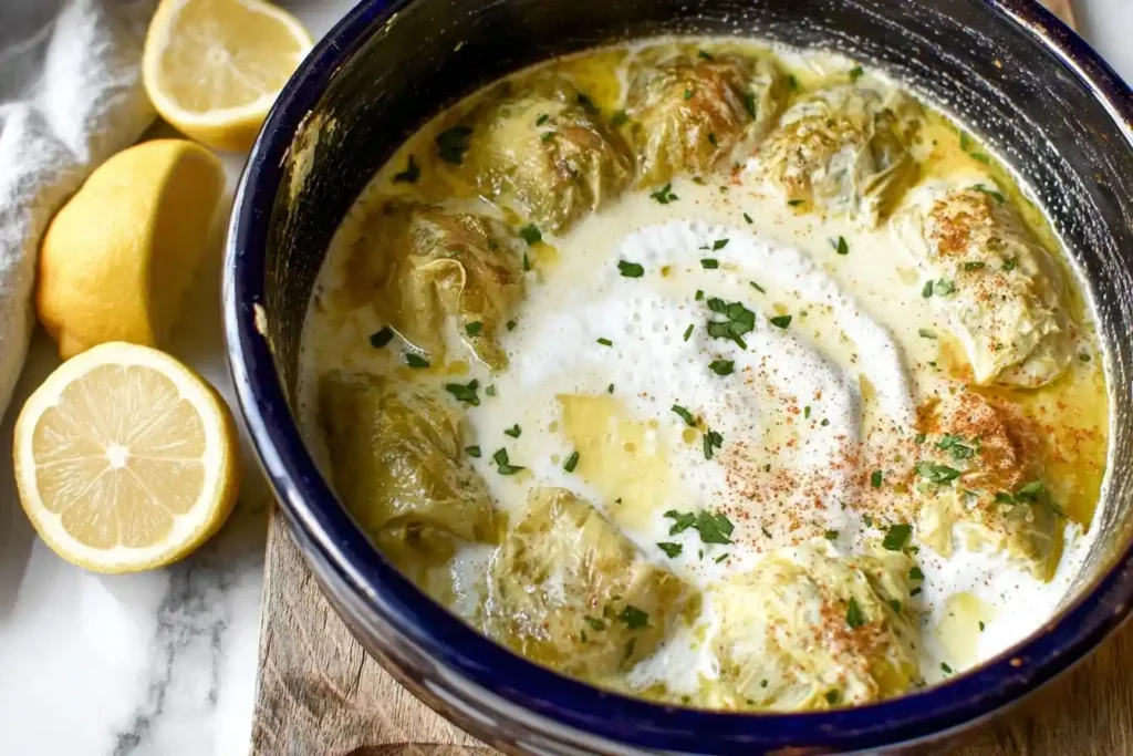 A close-up shot of creamy lemon Cabbage Rolls in a blue baking dish, garnished with parsley and paprika, with fresh lemons nearby.