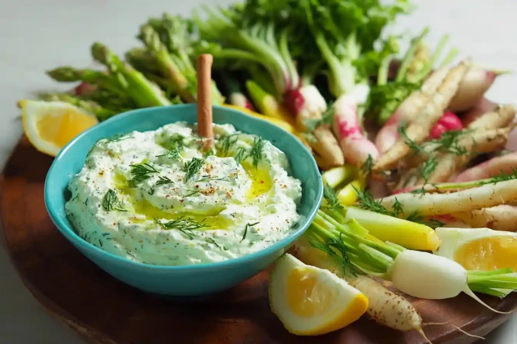 A blue bowl of a creamy dill dip recipe, served with fresh spring vegetables like radishes and asparagus on a wooden board.