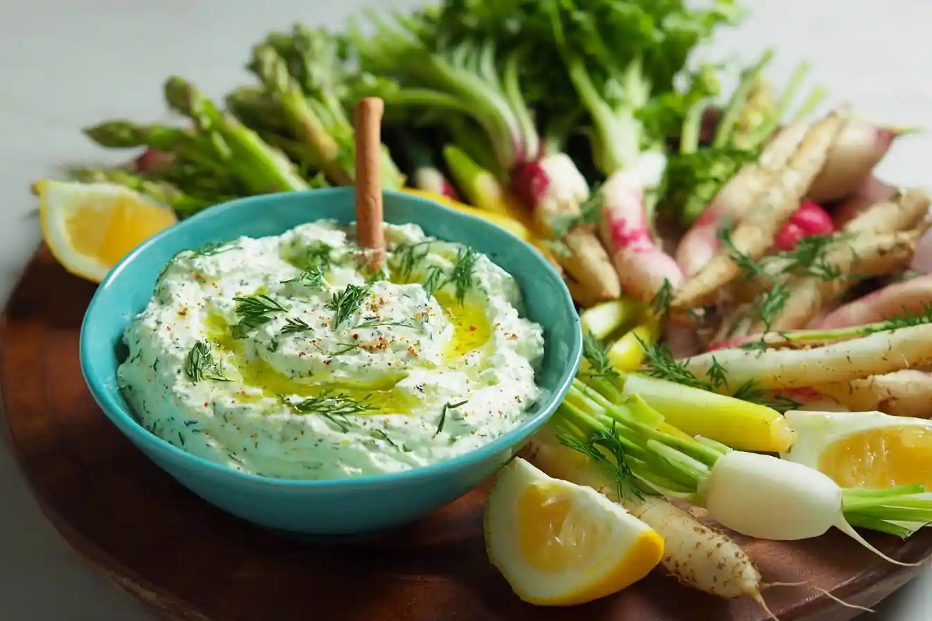 A blue bowl of a creamy dill dip recipe, served with fresh spring vegetables like radishes and asparagus on a wooden board.