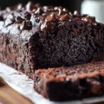 A close-up of a moist, sliced chocolate banana bread loaf on parchment paper, topped with melted chocolate chips.
