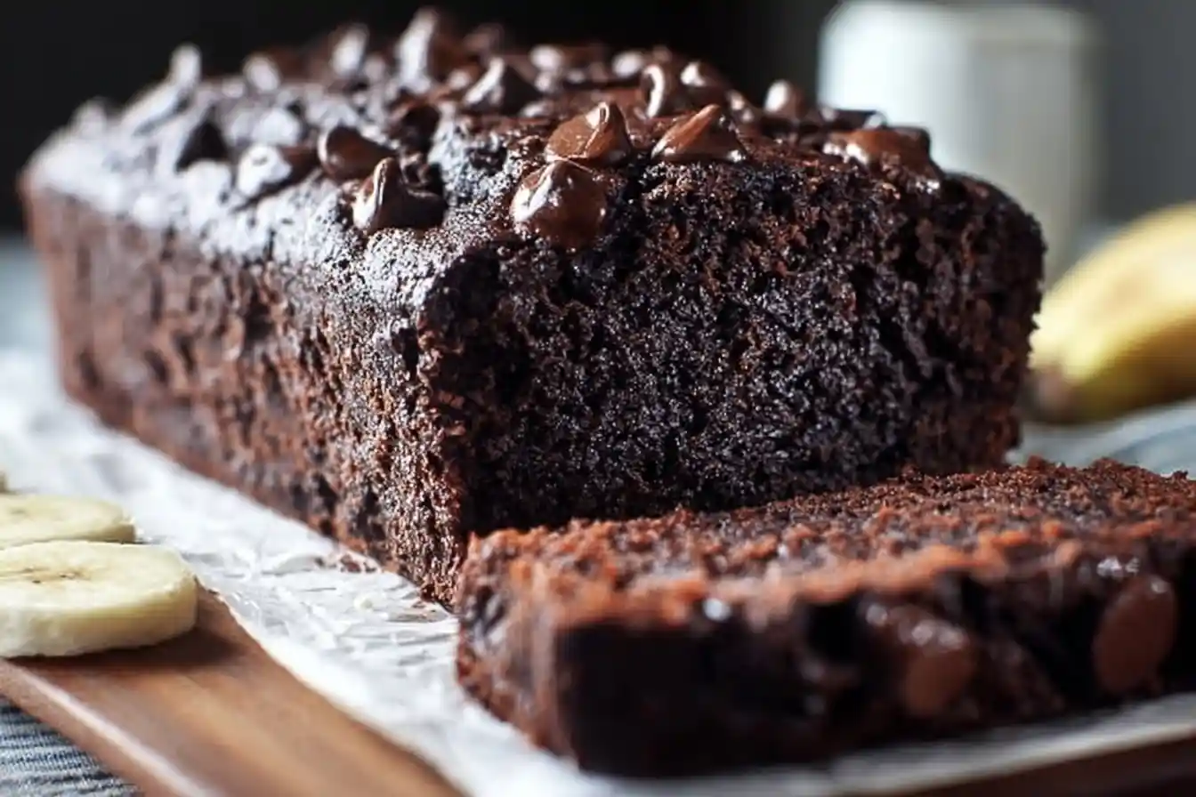 A close-up of a moist, sliced chocolate banana bread loaf on parchment paper, topped with melted chocolate chips.
