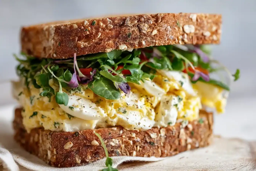 A close-up of a classic egg salad sandwich on hearty whole grain bread, generously topped with fresh microgreens.