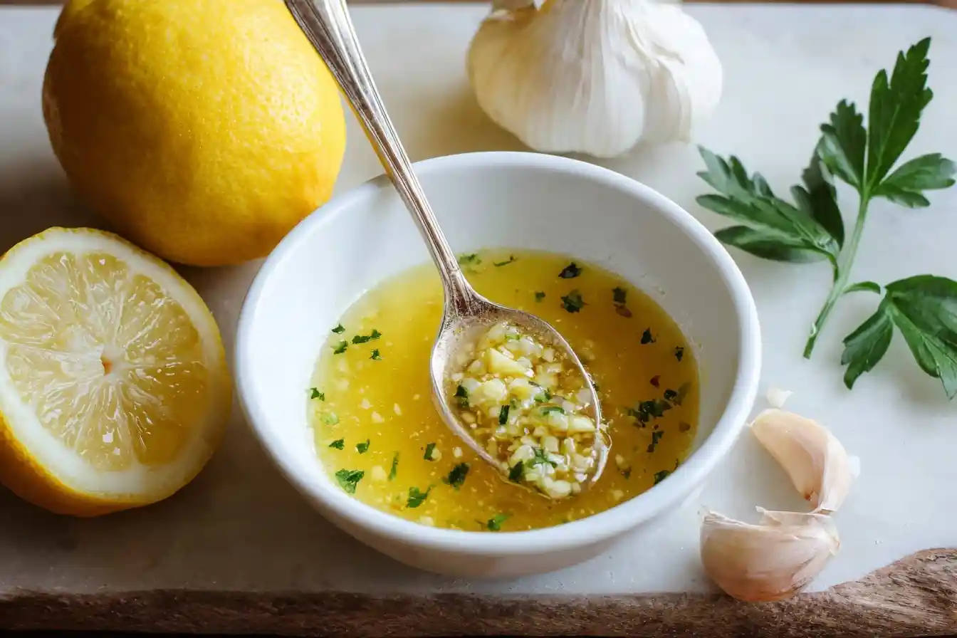 A white bowl of homemade Lemon Garlic Butter Sauce with a spoon, surrounded by fresh lemon, garlic, and parsley.