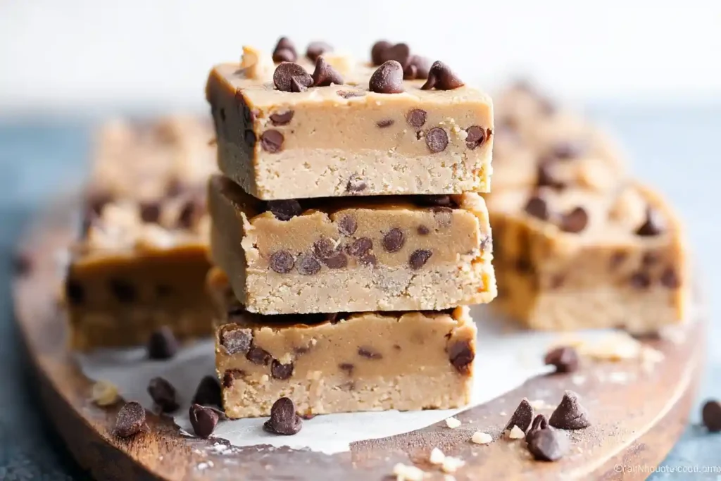 A stack of three squares of delicious, no-bake cookie dough fudge with chocolate chips on a wooden serving board.